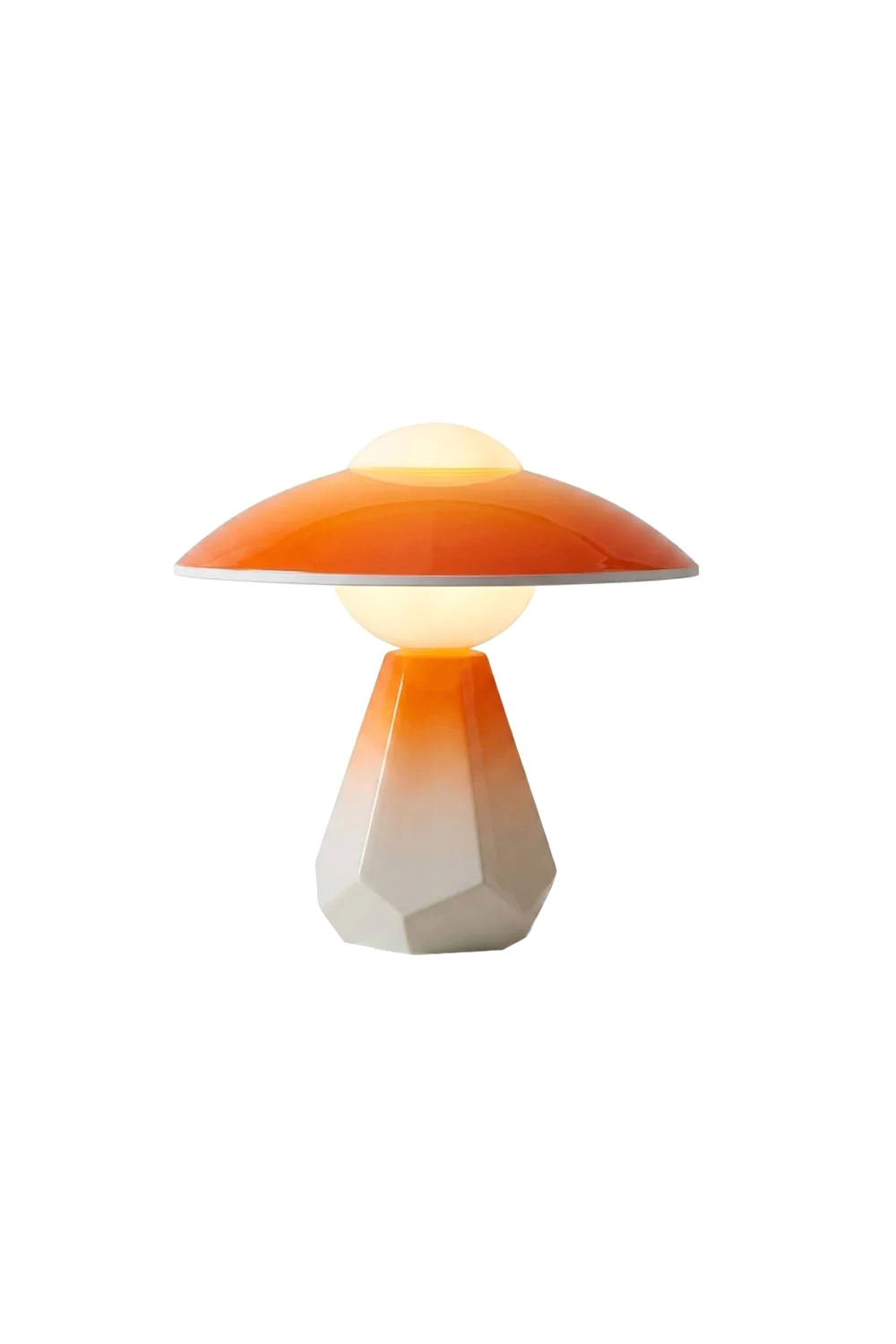 Duskora Retro Mushroom Table Lamp | Ceramic, Glass | Isolated lit product view of a mid-century modern mushroom lamp featuring a glossy orange ombre dome shade and a faceted geometric tapered base | White background | vexa lamps
