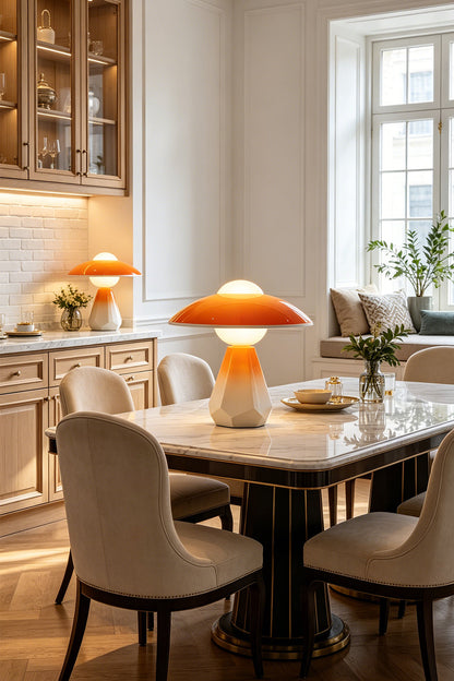 Duskora Retro Mushroom Table Lamp | Ceramic, Glass | Positioned beautifully as a decorative centerpiece on a white marble dining table surrounded by chic cream chairs | vexa lamps