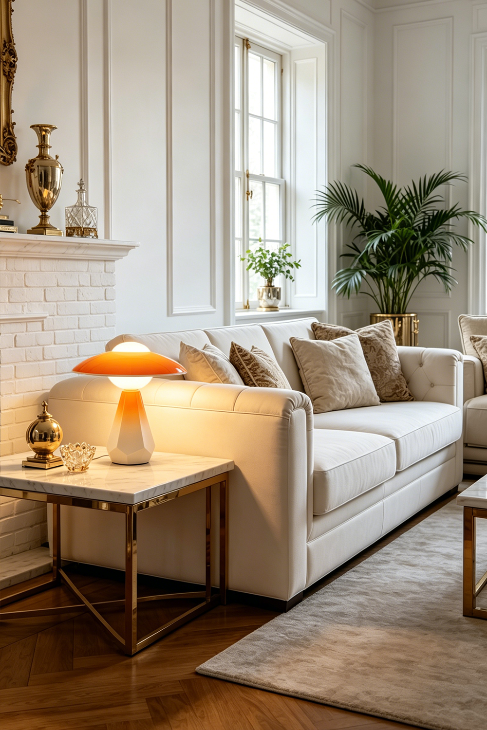 Duskora Retro Mushroom Table Lamp | Ceramic, Glass | Placed on a metallic side table casting a warm retro glow next to a cream sofa in a bright classical living room | vexa lamps