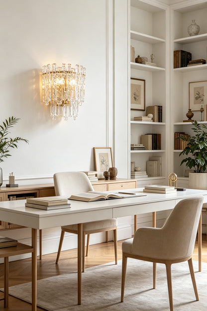 Elara Textured Cast Glass Wall Lamp | Textured Cast Glass, Polished Brass | Positioned on a white wall above a desk with books and a small vase, providing a focused, high-end look for a home office or study | vexa lamps