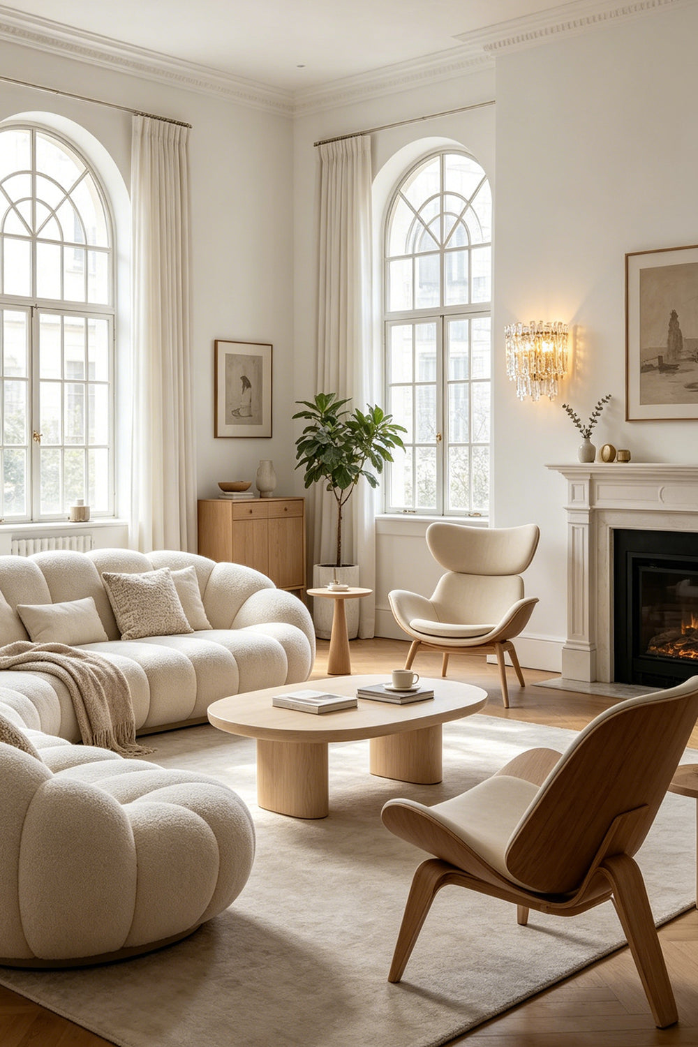 Elara Textured Cast Glass Wall Lamp | Textured Cast Glass, Polished Brass | A wider perspective of the formal bedroom, showcasing the lamp in context with a large arched window, classical fireplace, and elegant furniture | vexa lamps