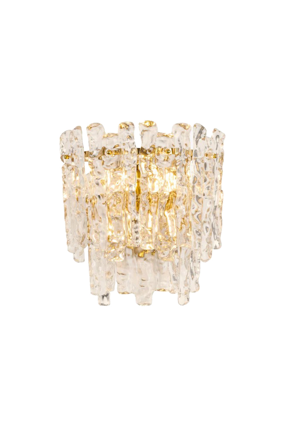Elara Textured Cast Glass Wall Lamp | Textured Cast Glass, Polished Brass | Isolated studio shot on a clean white background, showcasing the head-on view of the semi-circular artisanal glass panels and the brass base | vexa lamps