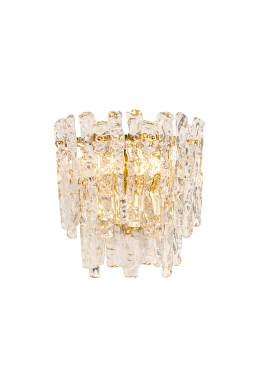 Elara Textured Cast Glass Wall Lamp | Textured Cast Glass, Polished Brass | Isolated studio shot on a clean white background, showcasing the head-on view of the semi-circular artisanal glass panels and the brass base | vexa lamps