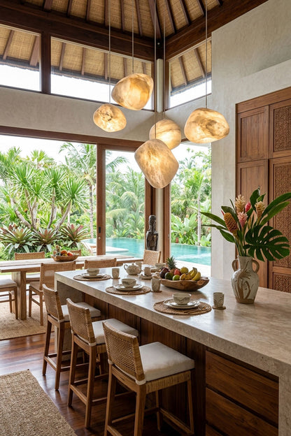Elodie Teardrop Alabaster Pendant Light hanging in a modern kitchen with tropical view, adding elegance and warmth.