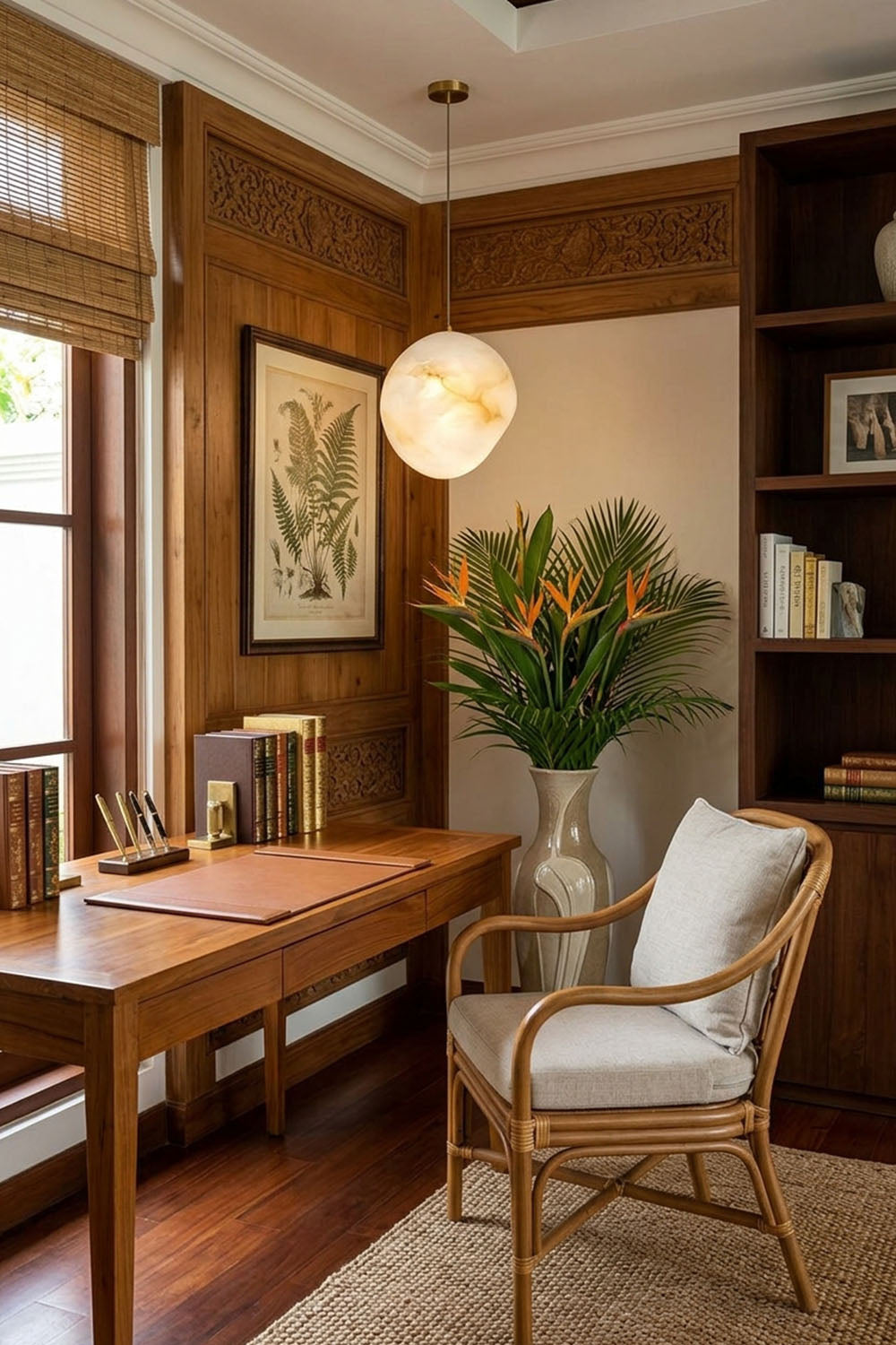 Elodie Teardrop Alabaster Pendant Light hanging in a cozy home office, illuminating a wooden desk and a stylish chair.