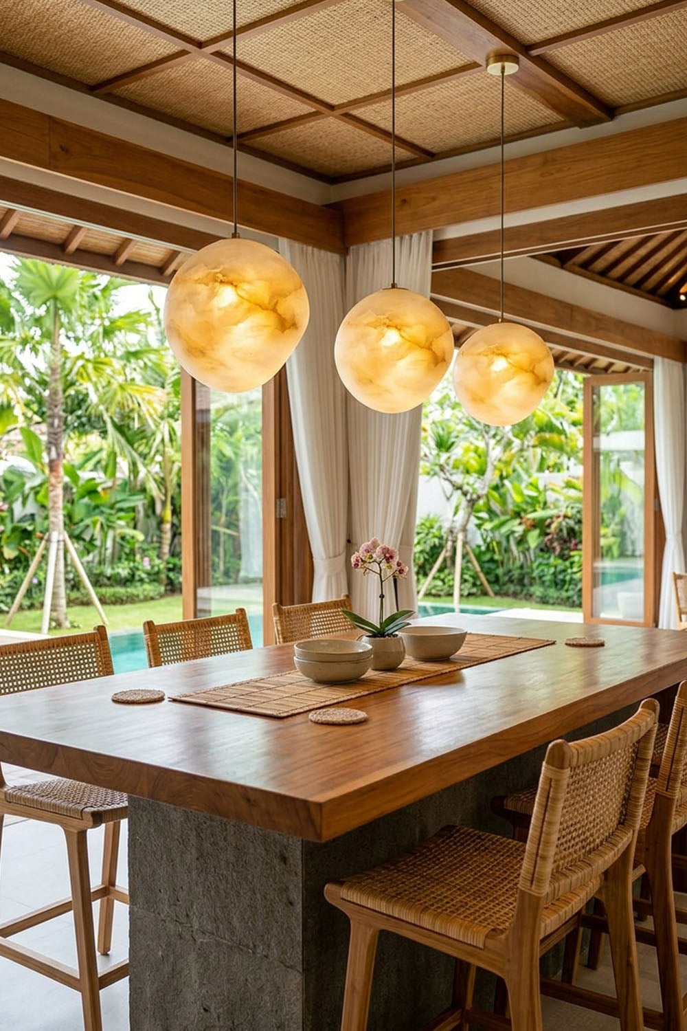 Elodie Teardrop Alabaster Pendant Light hanging above a wooden dining table in a tropical setting.
