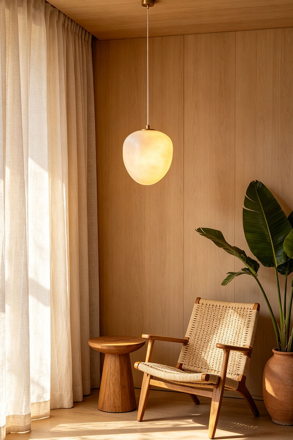 Elodie Teardrop Alabaster Pendant Light hanging above a wooden chair in a cozy, well-lit living space.
