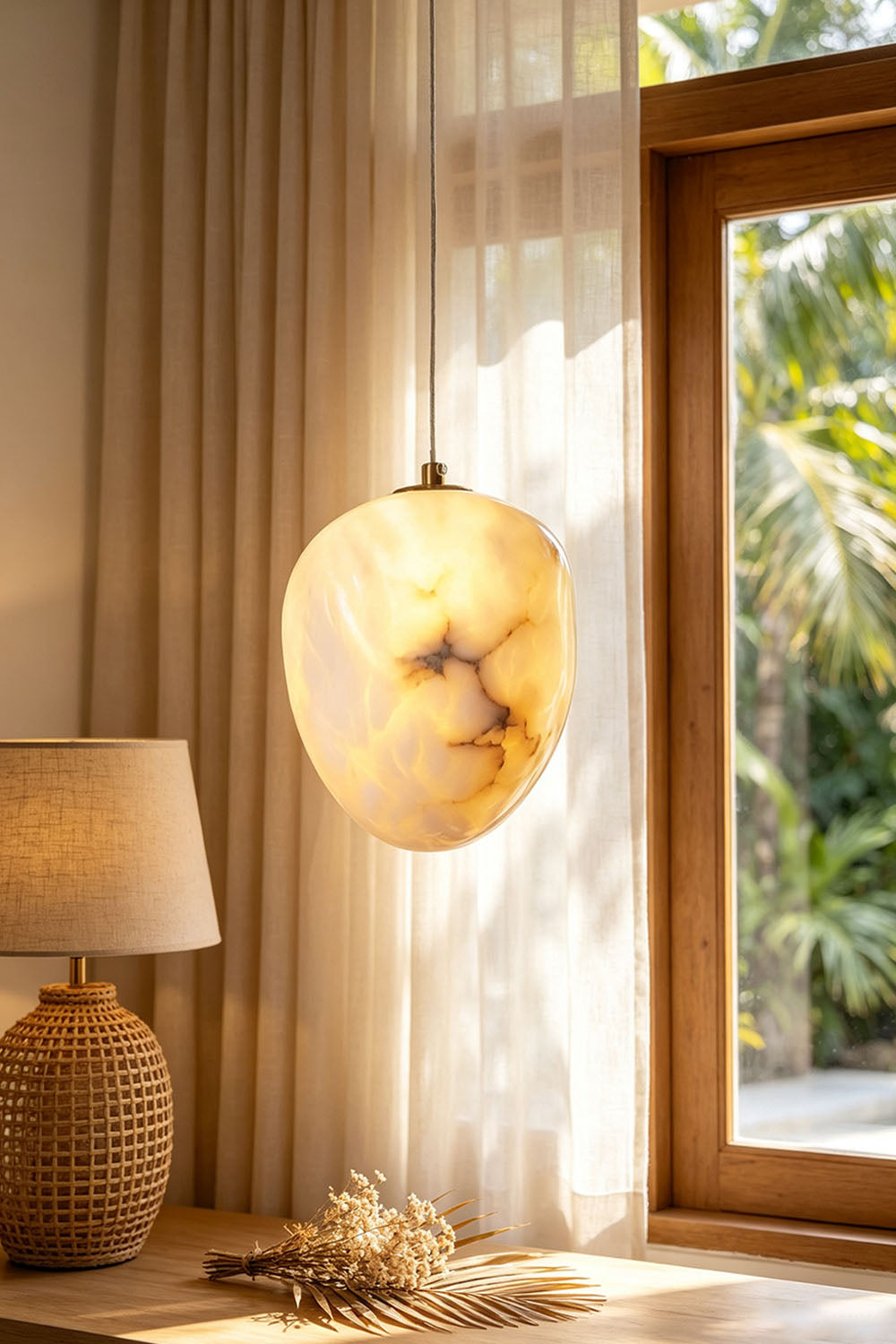 Elodie Teardrop Alabaster Pendant Light hanging in a bright room near a window with soft curtains and a table lamp.
