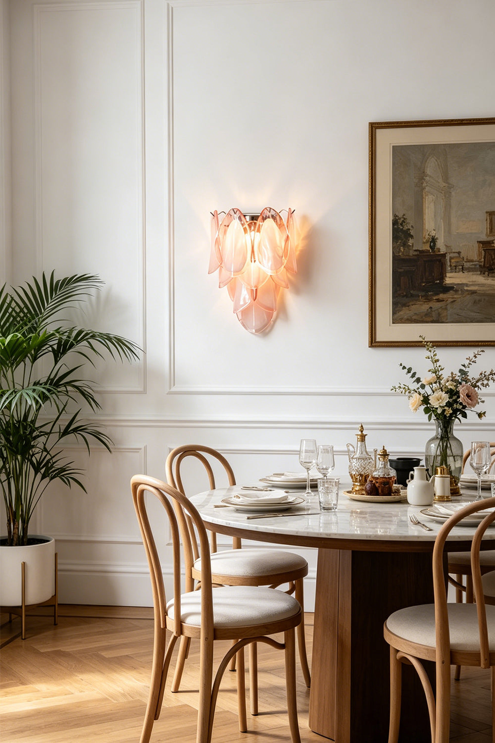 Elysian Bloom Glass Wall Lamp | Metal, Glass | Adding a soft glow above a round wooden dining table in a classic dining area | vexa lamps