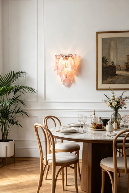 Elysian Bloom Glass Wall Lamp | Metal, Glass | Adding a soft glow above a round wooden dining table in a classic dining area | vexa lamps