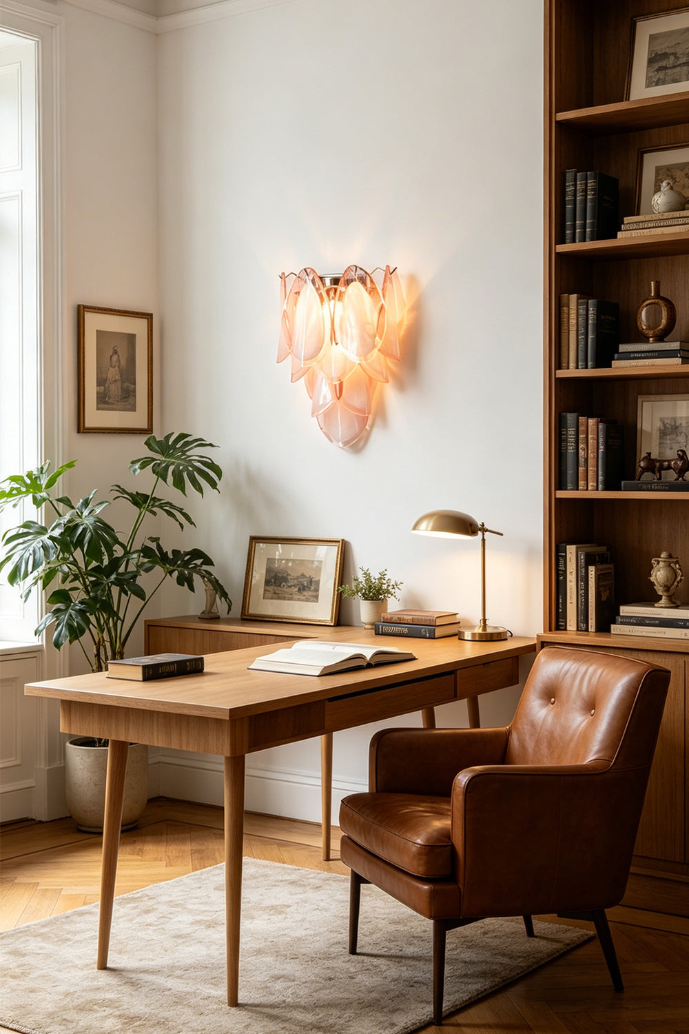 Elysian Bloom Glass Wall Lamp | Metal, Glass | Wall-mounted in a warm home office above a wooden desk and leather chair | vexa lamps