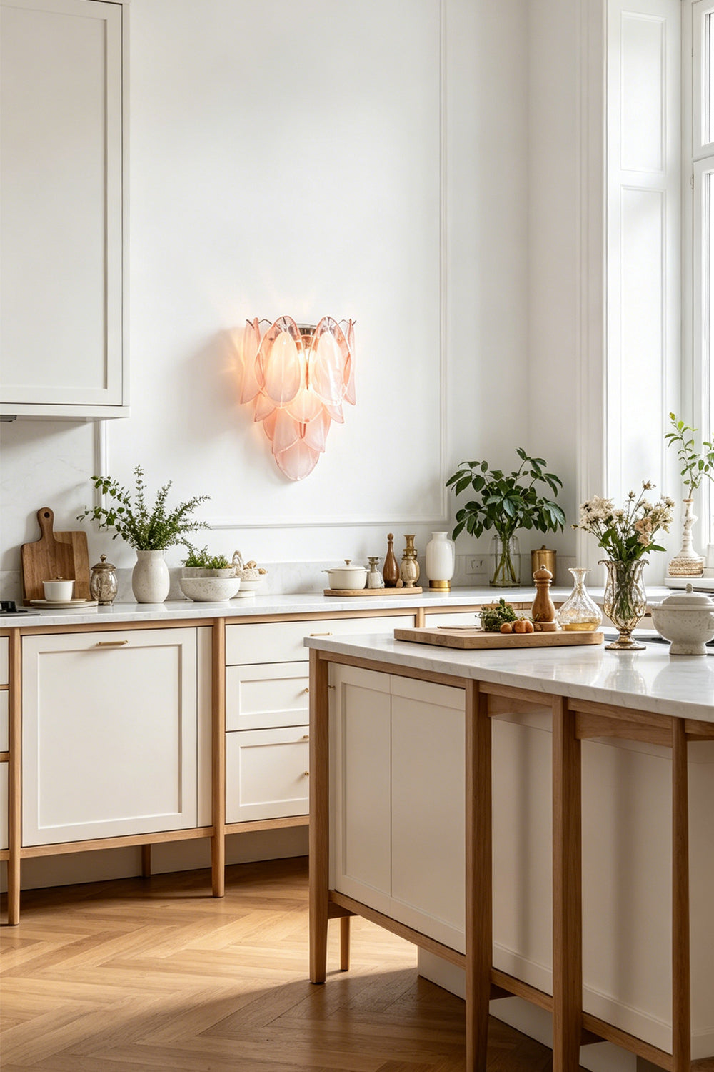 Elysian Bloom Glass Wall Lamp | Metal, Glass | Mounted on a white wall in a contemporary kitchen with a cream island | vexa lamps