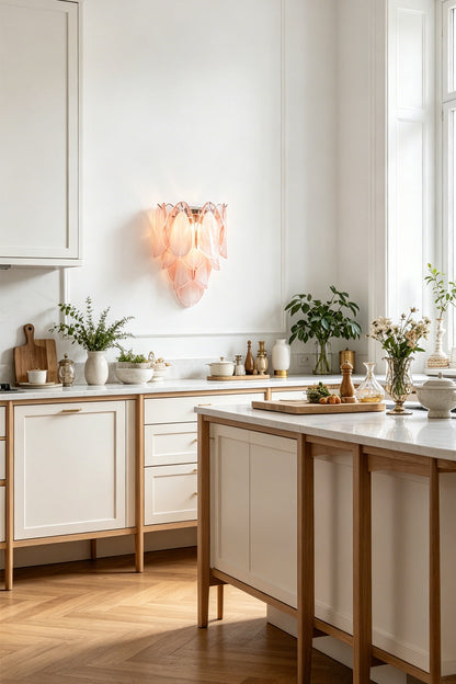 Elysian Bloom Glass Wall Lamp | Metal, Glass | Mounted on a white wall in a contemporary kitchen with a cream island | vexa lamps