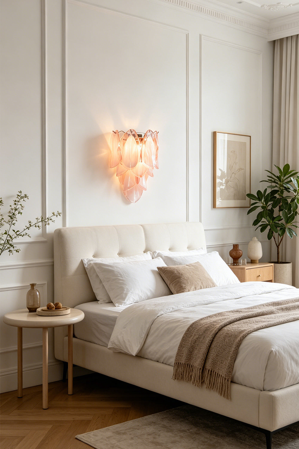Elysian Bloom Glass Wall Lamp | Metal, Glass | Mounted as elegant bedside lighting in a serene bedroom with a neutral upholstered bed | vexa lamps