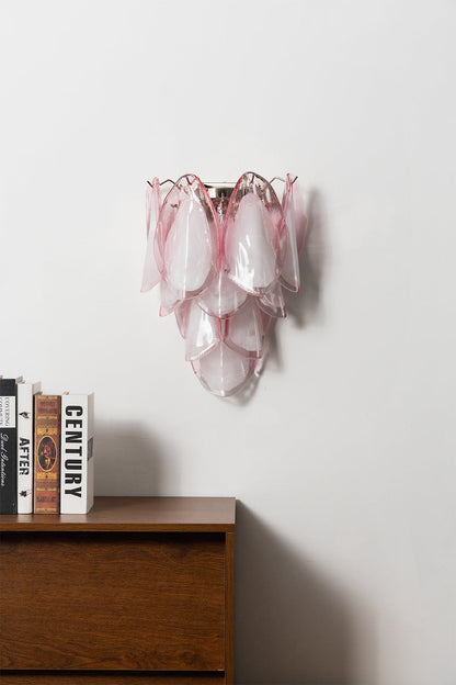 Elysian Bloom Glass Wall Lamp | Metal, Glass | Frontal view of the unlit pink glass wall lamp mounted above a wooden cabinet | Isolated shot | vexa lamps