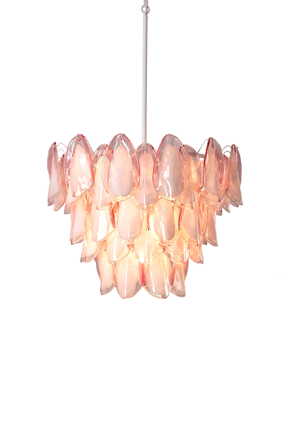 Elysian Bloom Rose Glass Chandelier | Metal, Glass | Multi-tiered chandelier with layered rose pink leaf-shaped glass petals and white suspension rod | Isolated lit product shot on white background | vexa lamps