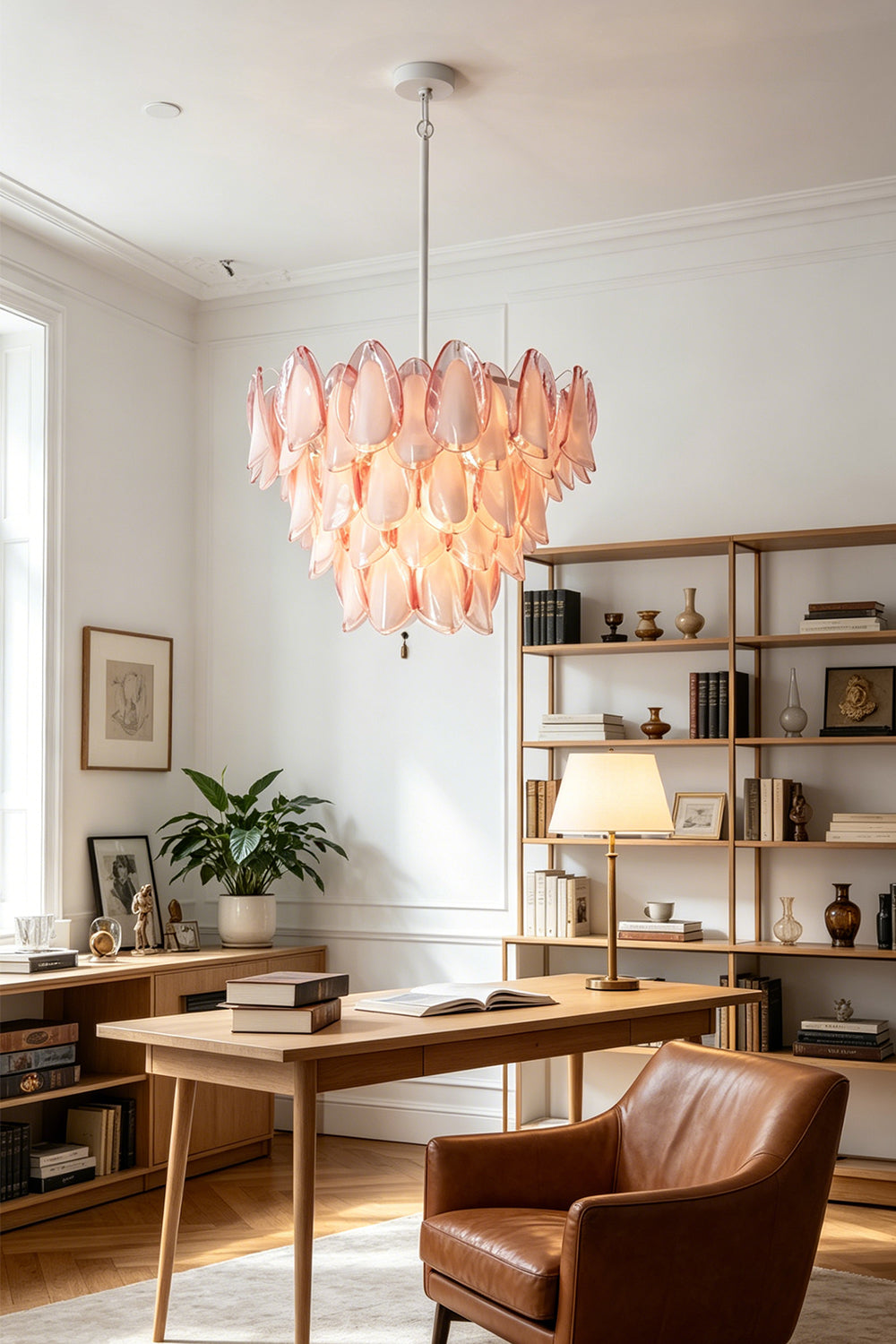 Elysian Bloom Rose Glass Chandelier | Metal, Glass | Providing warm ambient light in a spacious home office above a wooden desk and leather chair | vexa lamps