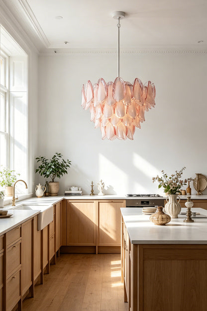Elysian Bloom Rose Glass Chandelier | Metal, Glass | Suspended as central lighting in a bright, modern kitchen with wooden cabinetry | vexa lamps