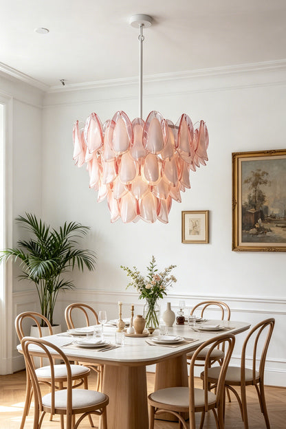 Elysian Bloom Rose Glass Chandelier | Metal, Glass | Hanging above an oval wooden dining table and chairs in a classically decorated room | vexa lamps
