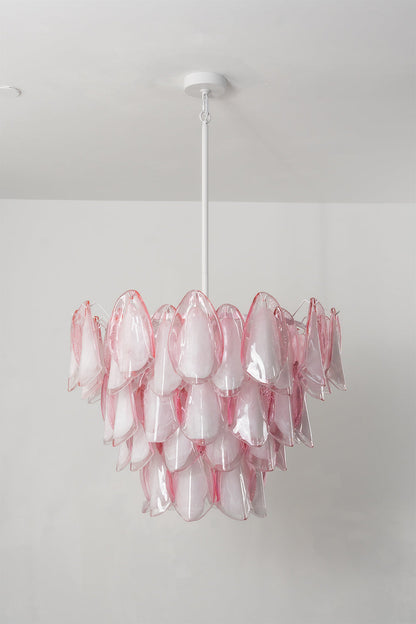 Elysian Bloom Rose Glass Chandelier | Metal, Glass | Frontal view of the unlit chandelier against a plain wall, highlighting the pink glass texture | Isolated shot | vexa lamps