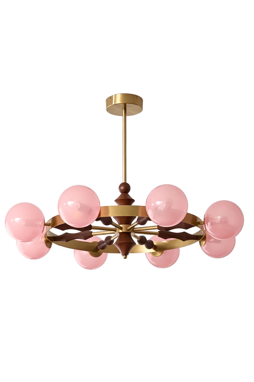 Elysian Circlet Wood & Glass Chandelier with pink globes | Metal, Glass, Wood | Front view isolated on white background | vexa lamps