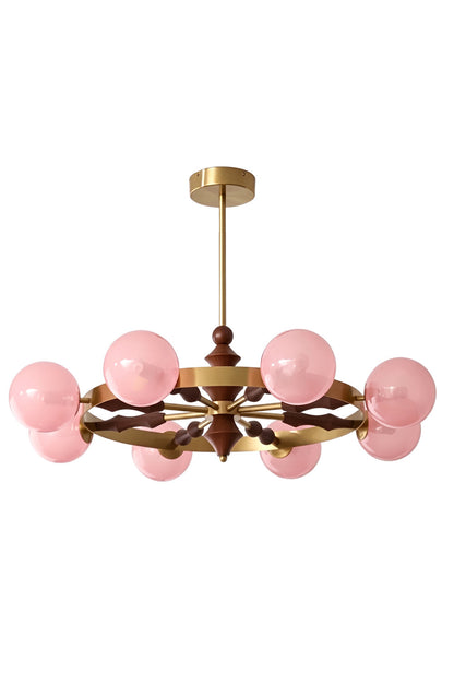 Elysian Circlet Wood & Glass Chandelier with pink globes | Metal, Glass, Wood | Front view isolated on white background | vexa lamps
