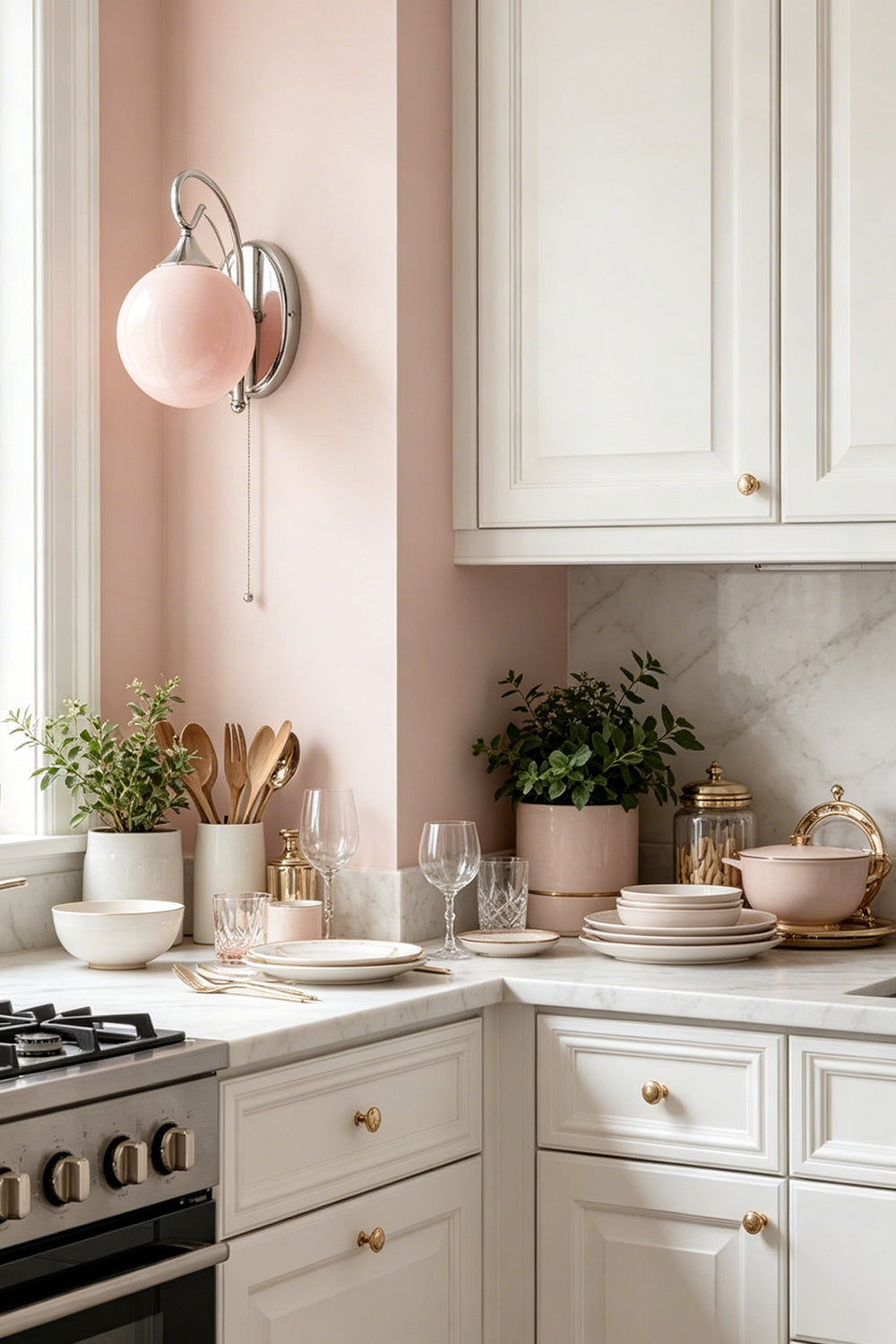 Pink glass wall lamp with soft glow | Metal, Glass | Kitchen corner with wooden counter | vexa lamps