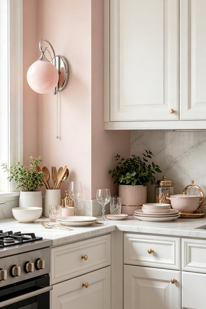 Pink glass wall lamp with soft glow | Metal, Glass | Kitchen corner with wooden counter | vexa lamps