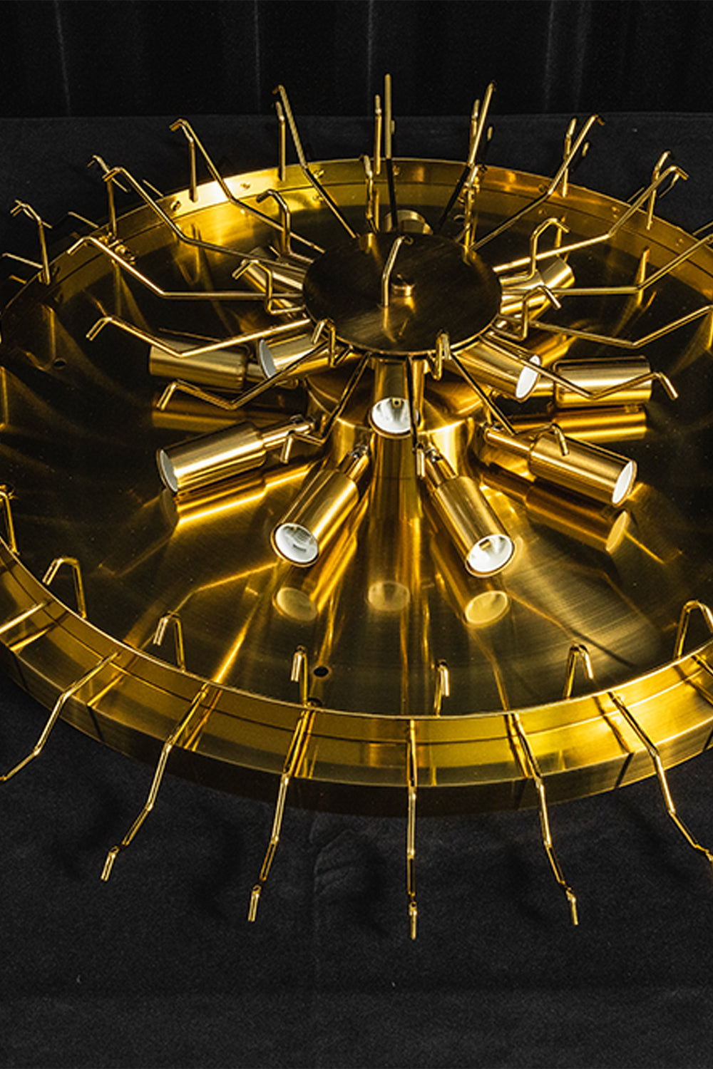 Elysian Tiered Fluted Ceiling Light | Glass, Metal | Macro close-up view of the empty polished gold circular ceiling mount pan frame with multiple light bulb sockets | Detail shot | vexa lamps