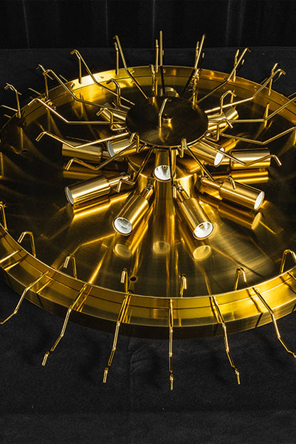 Elysian Tiered Fluted Ceiling Light | Glass, Metal | Macro close-up view of the empty polished gold circular ceiling mount pan frame with multiple light bulb sockets | Detail shot | vexa lamps