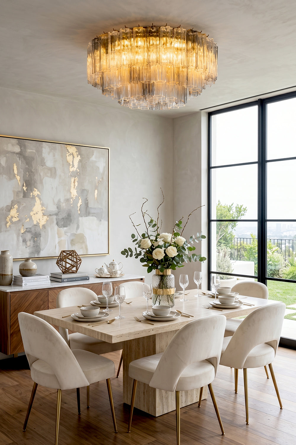 Elysian Tiered Fluted Ceiling Light | Glass, Metal | Casting a brilliant golden glow over an elegant dining room arrangement with a light-colored table and minimalist chairs | vexa lamps