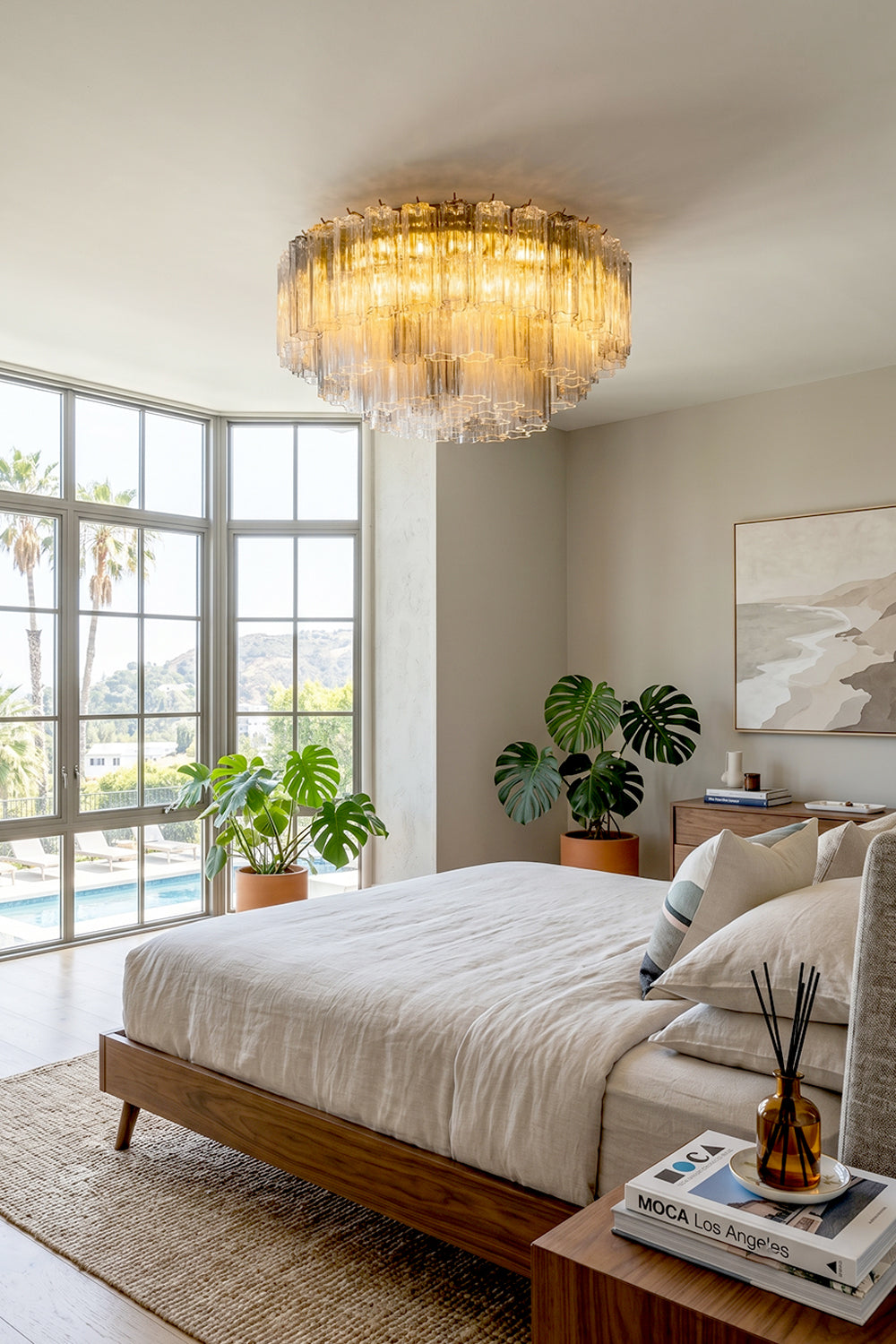 Elysian Tiered Fluted Ceiling Light | Glass, Metal | Positioned as a cozy ceiling fixture in a sunlit modern neutral bedroom with large grid windows and potted plants | vexa lamps