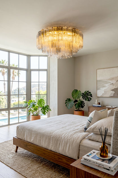 Elysian Tiered Fluted Ceiling Light | Glass, Metal | Positioned as a cozy ceiling fixture in a sunlit modern neutral bedroom with large grid windows and potted plants | vexa lamps