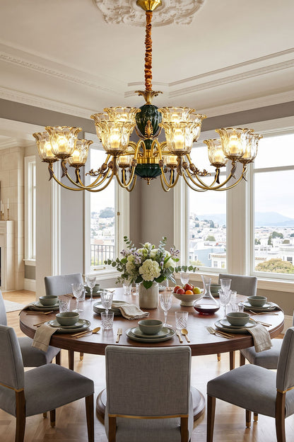 Emeric Green Porcelain and Brass Chandelier illuminating an elegant dining room with a round table.