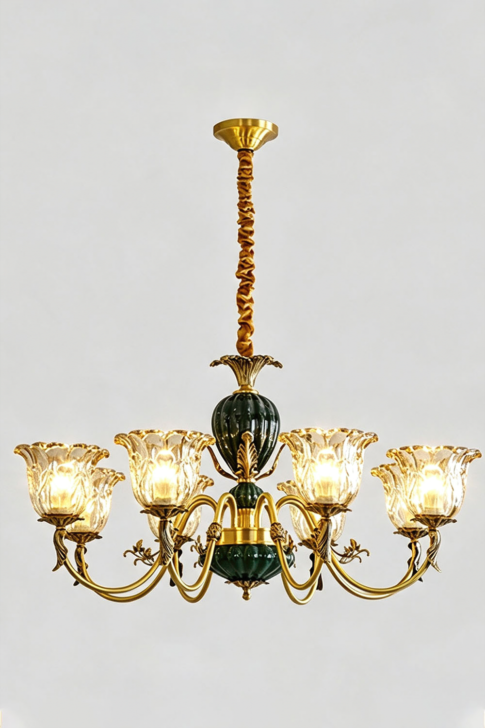 Emeric Green Porcelain and Brass Chandelier featuring elegant glass shades and ornate brass detailing.