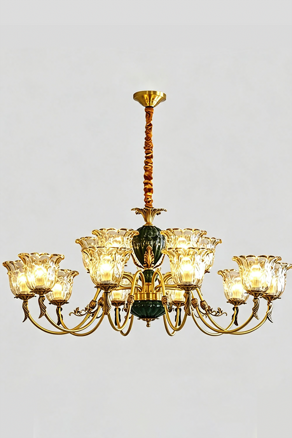 Emeric Green Porcelain and Brass Chandelier with elegant glass shades and gold accents.