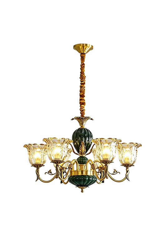 Emeric Green Porcelain and Brass Chandelier featuring elegant glass shades and brass accents