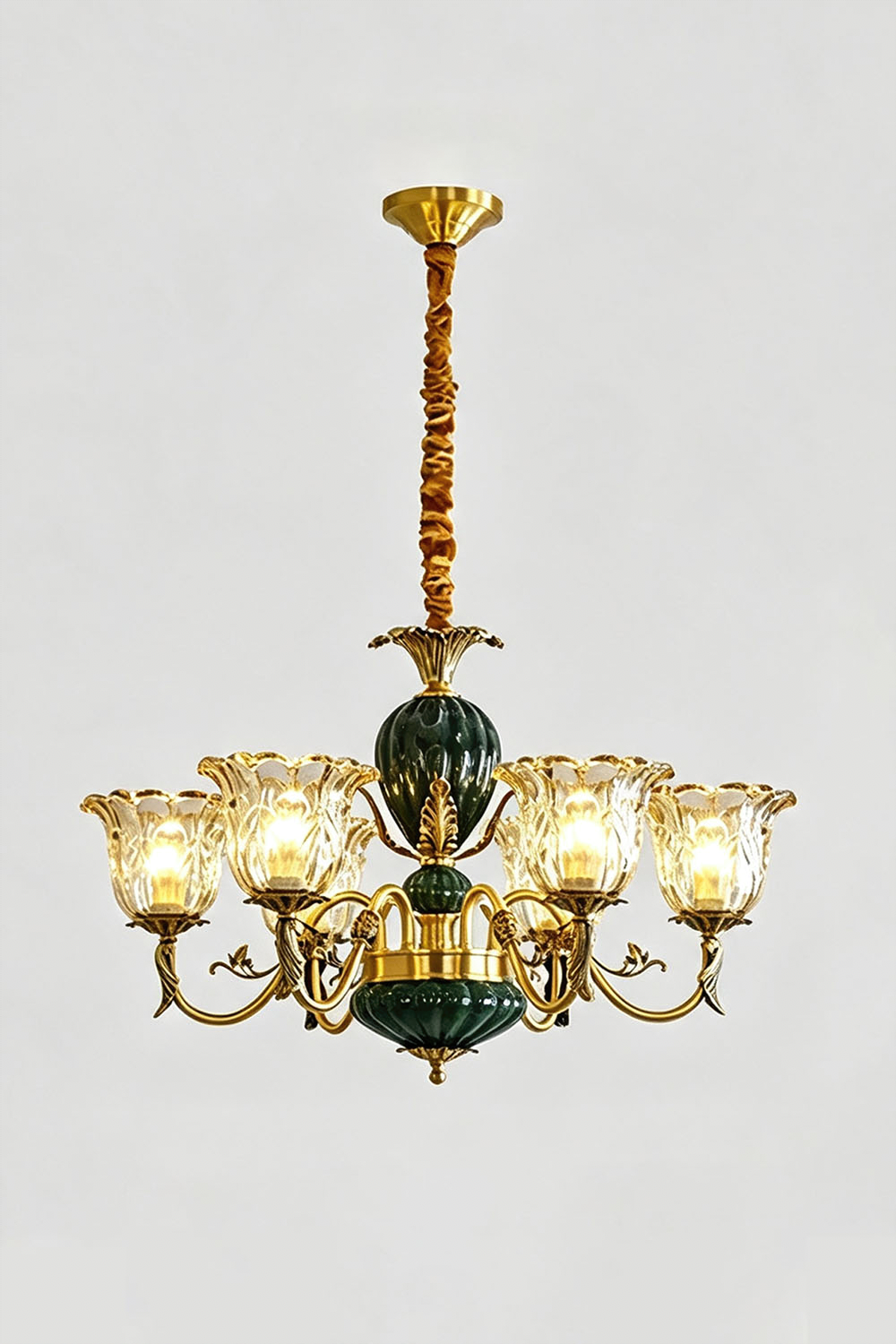 Emeric Green Porcelain and Brass Chandelier with six glass lights and an ornate design.