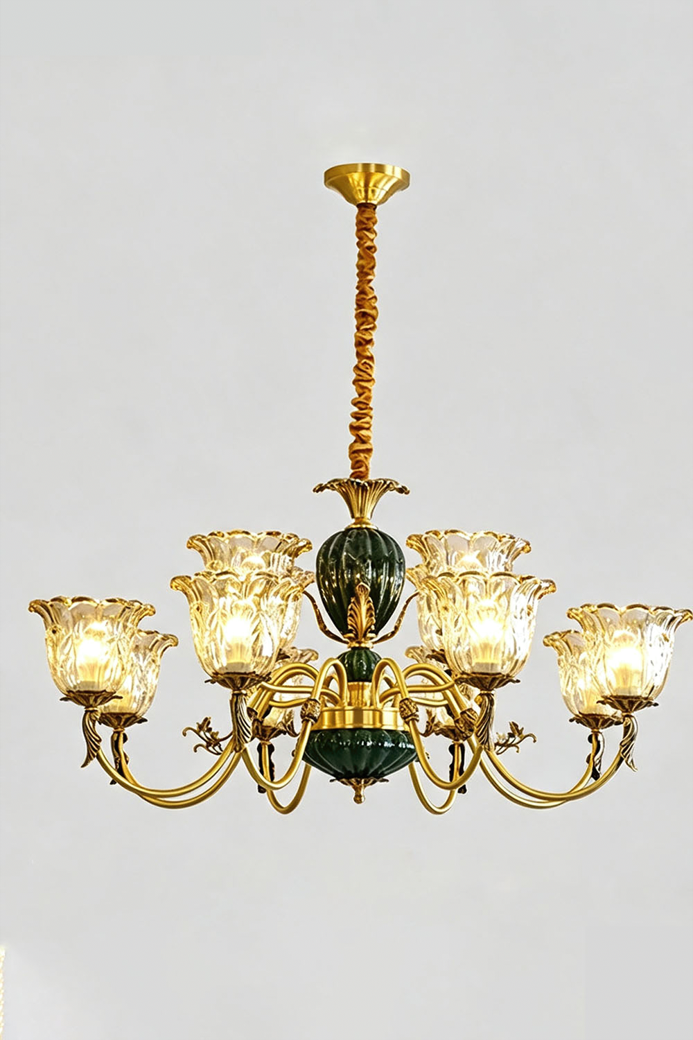 Emeric Green Porcelain and Brass Chandelier with elegant glass shades and gold accents.