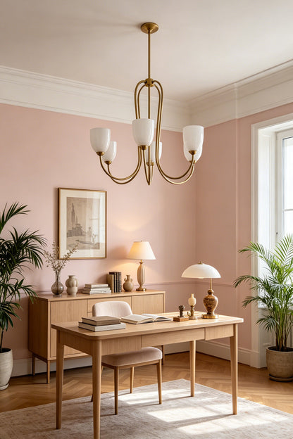 6-light Ethereal Floret Lacquer Chandelier with white shades | Metal, Glass | Over a wooden dining table in a rustic dining room | vexa lamps