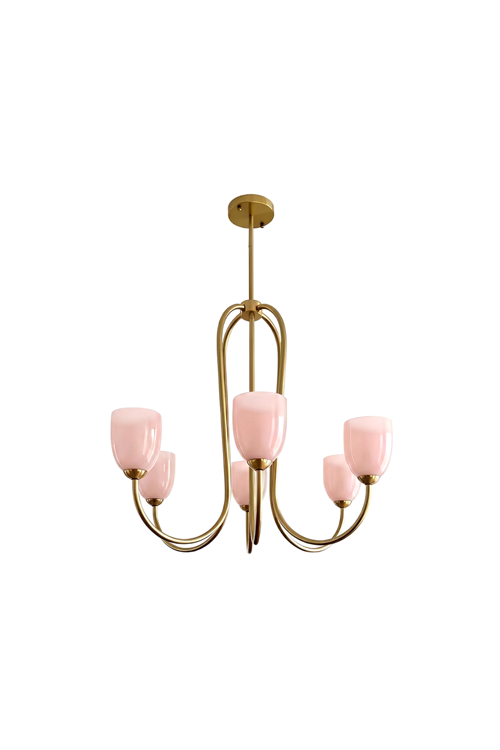 6-light Ethereal Floret Lacquer Chandelier with pink glass shades | Metal, Glass | Isolated on off-white background | vexa lamps