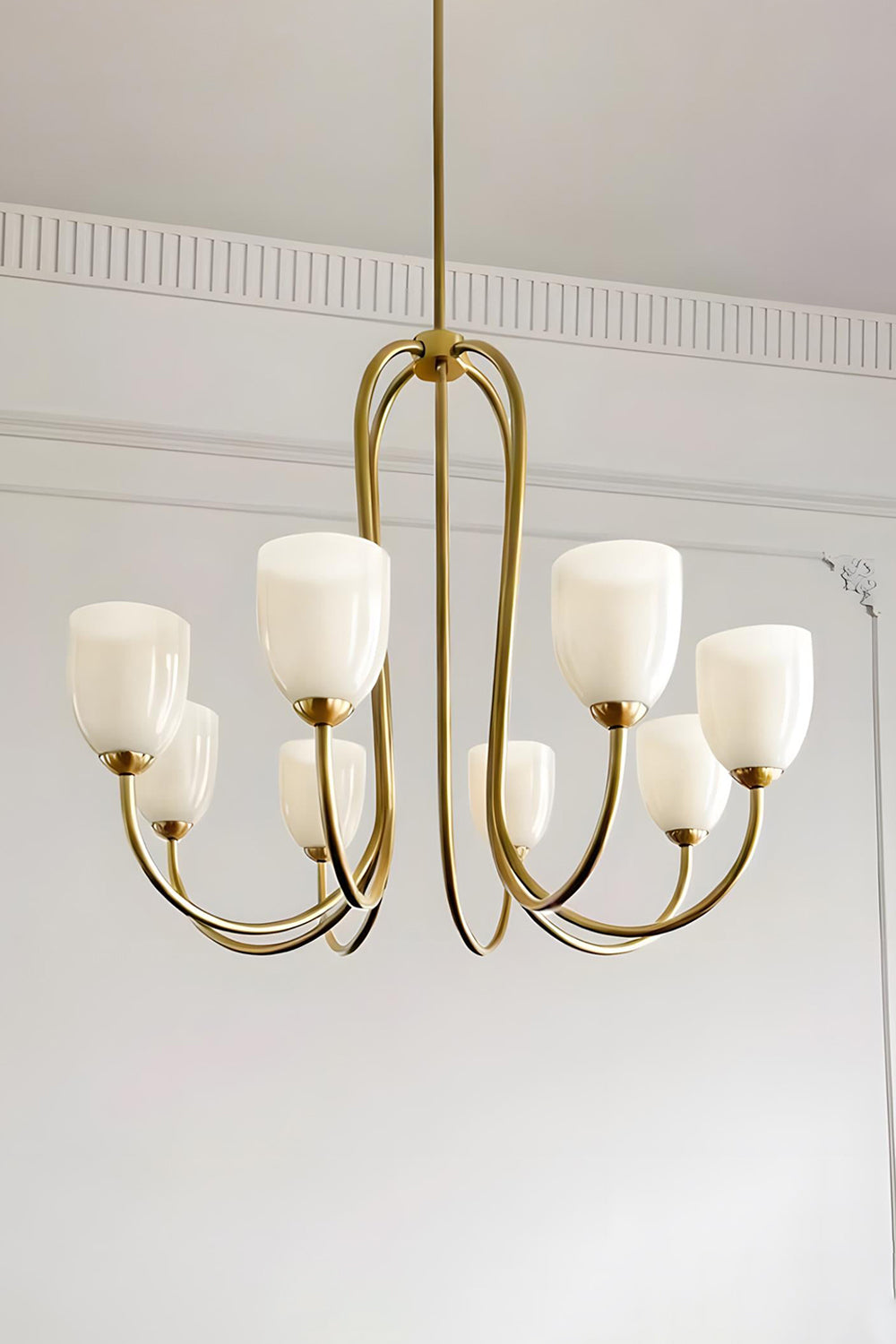 8-light Ethereal Floret Lacquer Chandelier with white glass shades | Metal, Glass | Isolated product shot on white background | vexa lamps