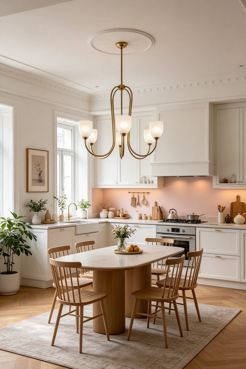 6-light Ethereal Floret Lacquer Chandelier with white shades | Metal, Glass | Over a wooden dining table in a rustic dining room | vexa lamps