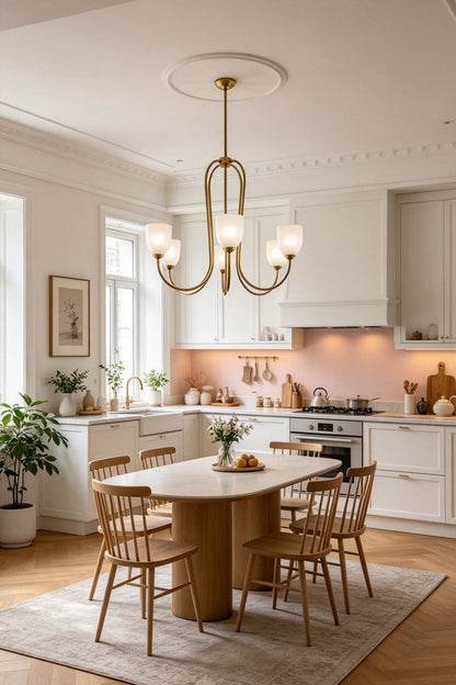 6-light Ethereal Floret Lacquer Chandelier with white shades | Metal, Glass | Over a wooden dining table in a rustic dining room | vexa lamps