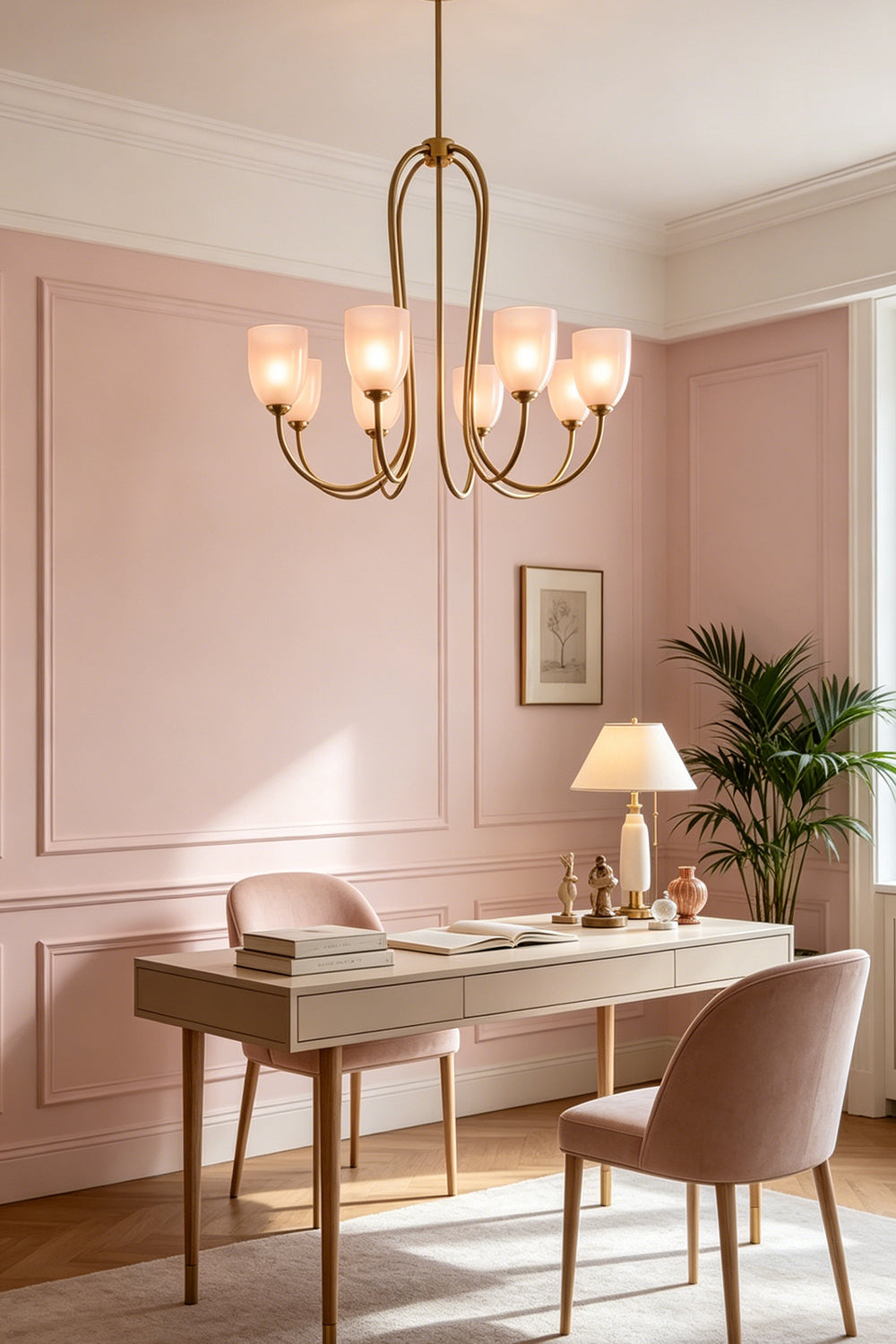8-light Ethereal Floret Lacquer Chandelier with white shades | Metal, Glass | Centered in a modern bedroom near a window | vexa lamps