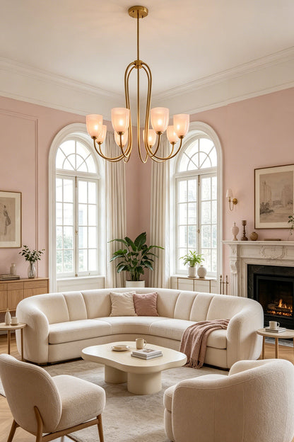 Installed 8-light Ethereal Floret Lacquer Chandelier with pink shades | Metal, Glass | High-angle shot in a cozy living room with pink walls | vexa lamps