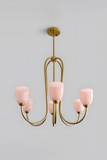 6-light Ethereal Floret Lacquer Chandelier with pink glass shades | Metal, Glass | Isolated product shot on white background | vexa lamps
