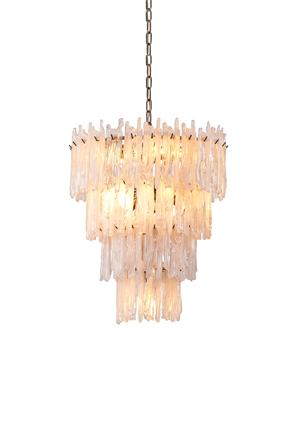 Ethereal Icicle Waterfall Chandelier | Glass, Metal | Multi-tiered cascading chandelier with hand-blown frosted icicle glass panels and brass hardware | Isolated lit product shot on white background | vexa lamps