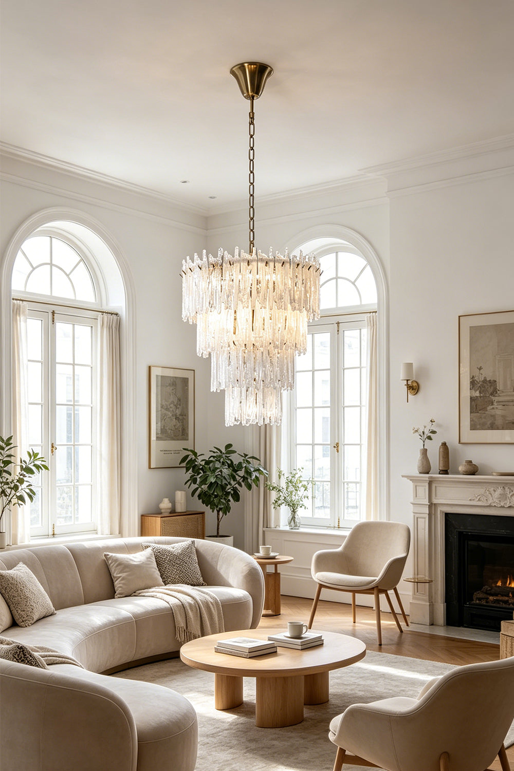 Ethereal Icicle Waterfall Chandelier | Glass, Metal | Hanging as a luxurious centerpiece in a bright, sunlit living room with curved cream sofas and arched windows | vexa lamps