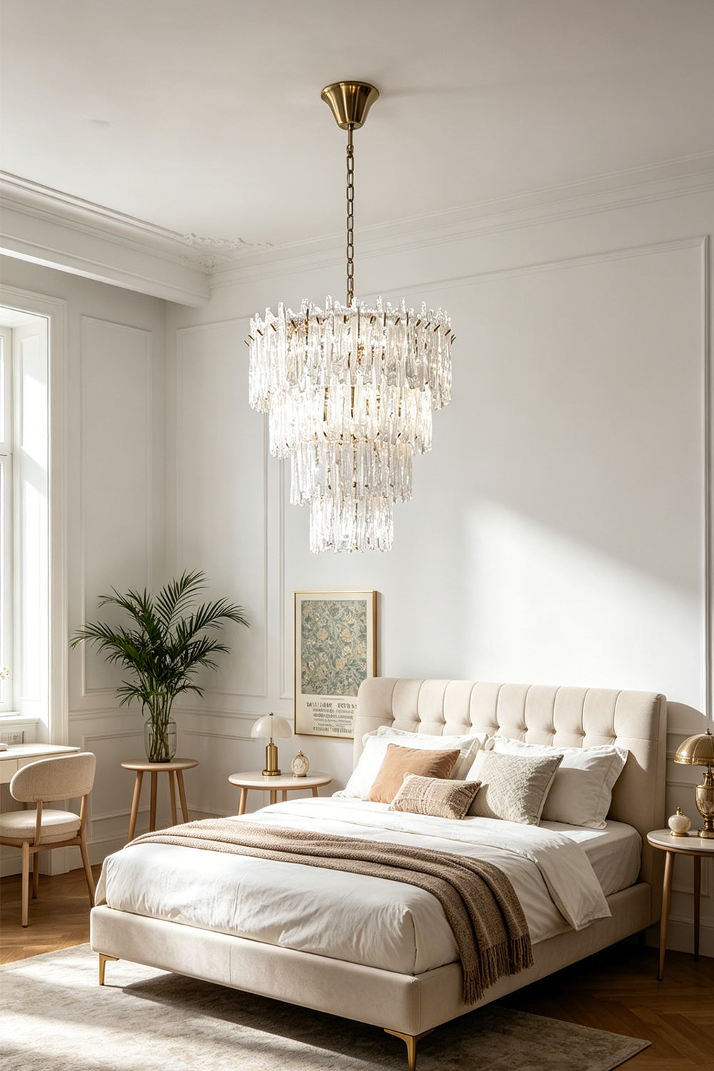 Ethereal Icicle Waterfall Chandelier | Glass, Metal | Positioned as statement central lighting in an elegant, serene bedroom with a tufted neutral bed | vexa lamps